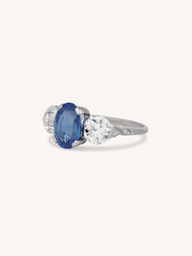Art Deco 4.59 Carat Oval Ceylon Sapphire Three Stone Vintage Engagement Ring