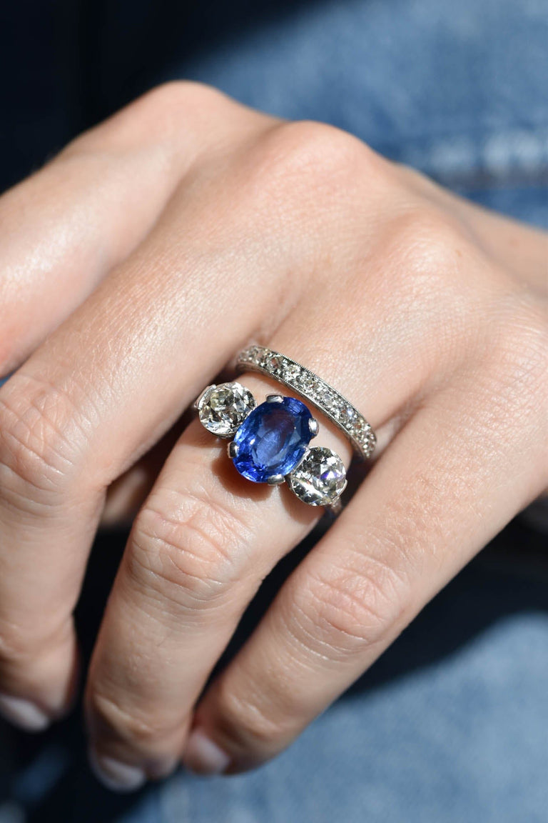 Art Deco 4.59 Carat Oval Ceylon Sapphire Three Stone Vintage Engagement Ring