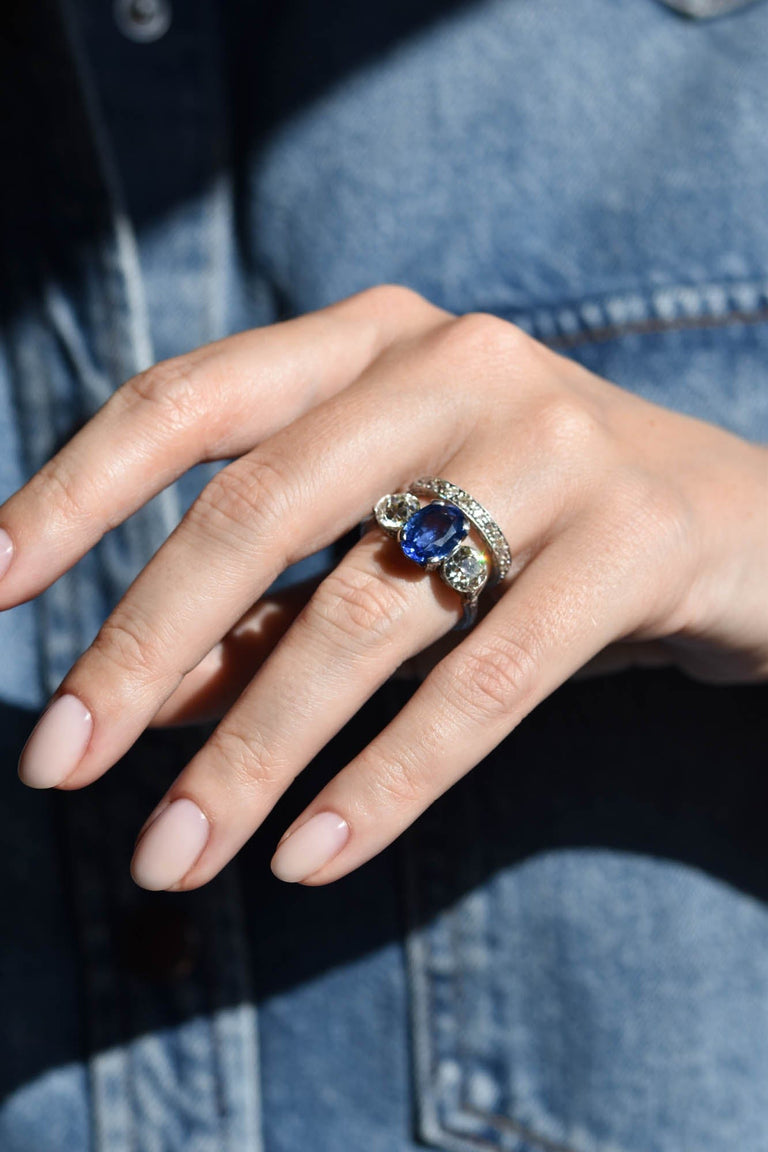Art Deco 4.59 Carat Oval Ceylon Sapphire Three Stone Vintage Engagement Ring