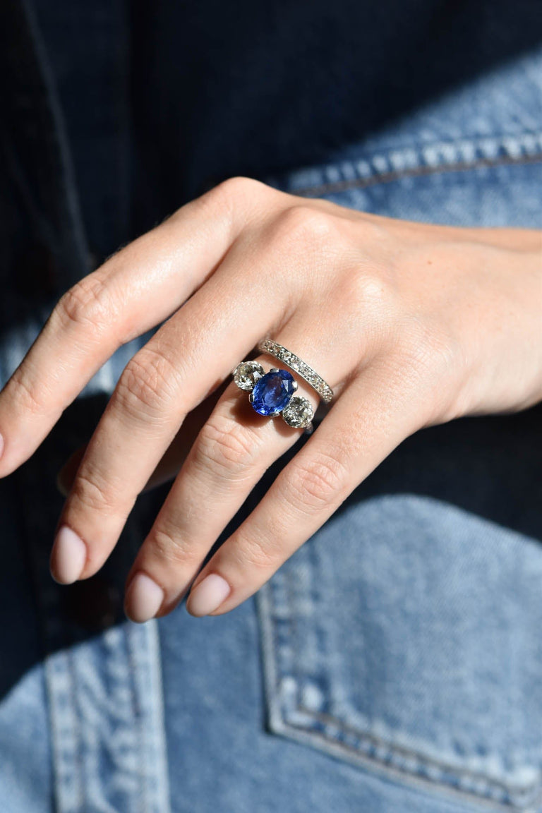 Art Deco 4.59 Carat Oval Ceylon Sapphire Three Stone Vintage Engagement Ring