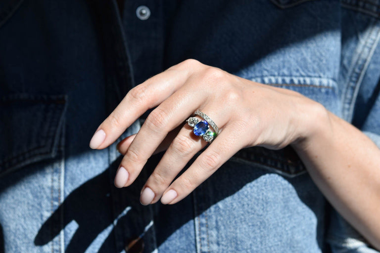 Art Deco 4.59 Carat Oval Ceylon Sapphire Three Stone Vintage Engagement Ring