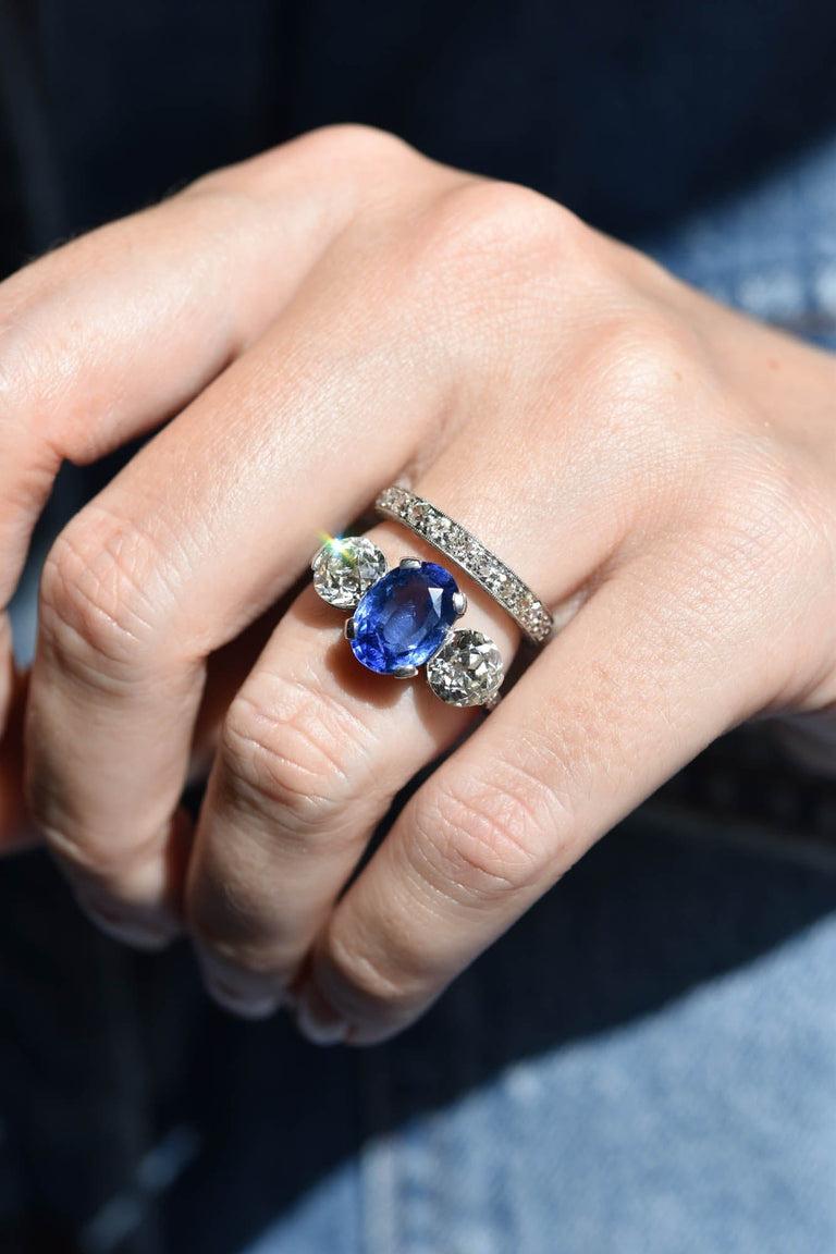 Art Deco 4.59 Carat Oval Ceylon Sapphire Three Stone Vintage Engagement Ring