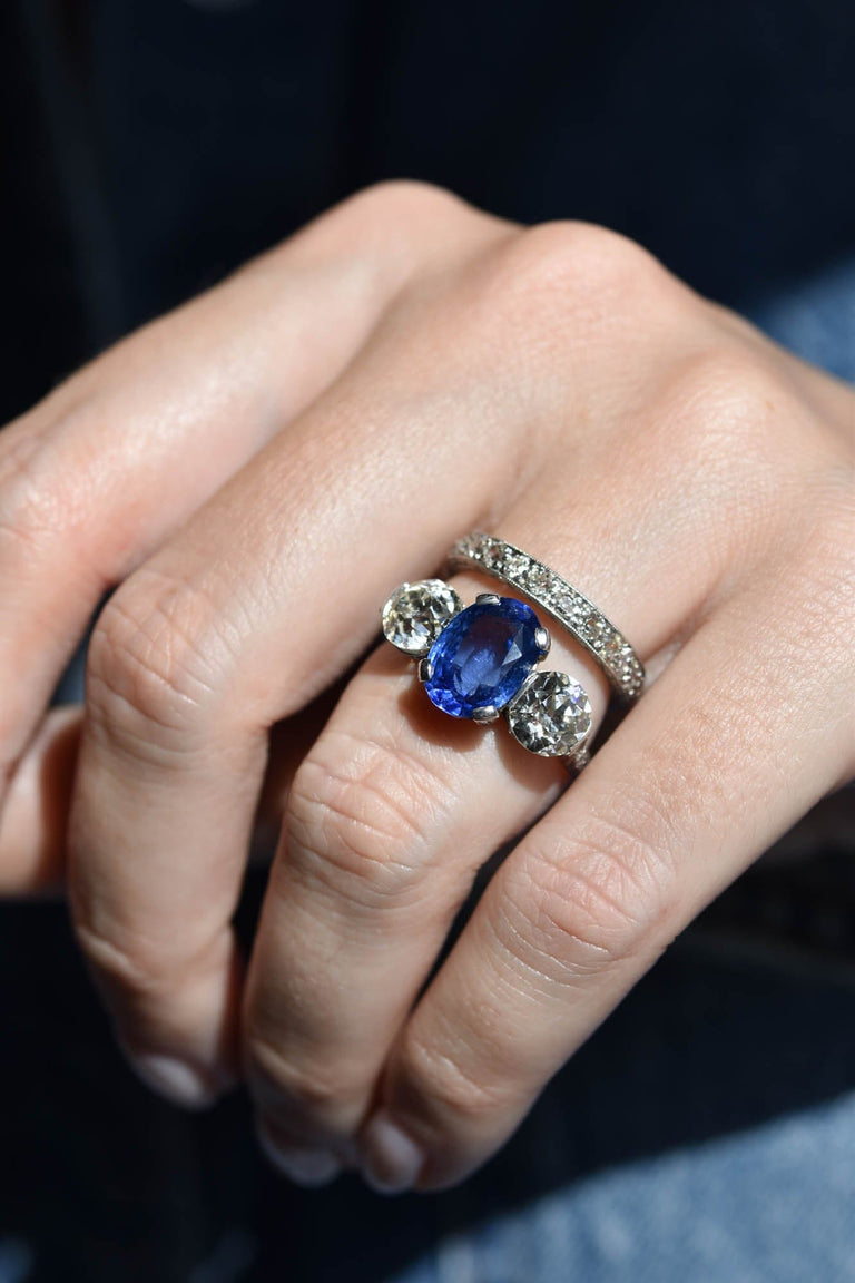 Art Deco 4.59 Carat Oval Ceylon Sapphire Three Stone Vintage Engagement Ring