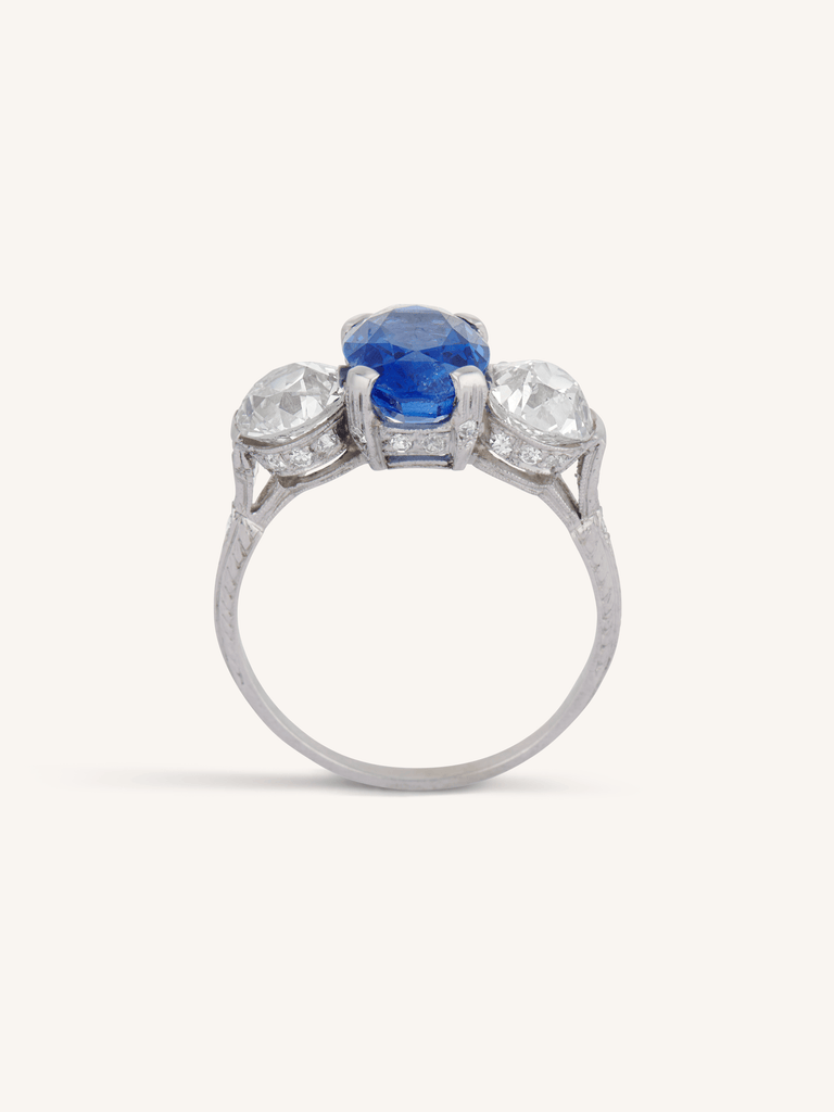 Art Deco 4.59 Carat Oval Ceylon Sapphire Three Stone Vintage Engagement Ring
