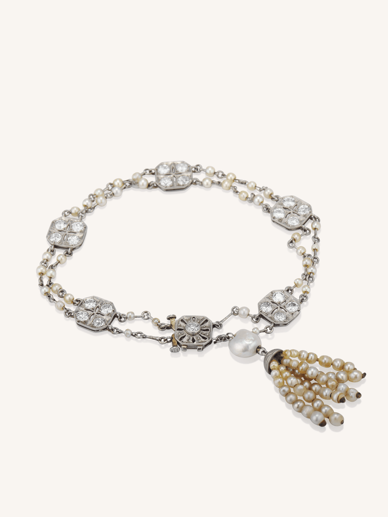 Art Deco Diamond & Pearl Tassel Antique Bracelet Circa 1920
