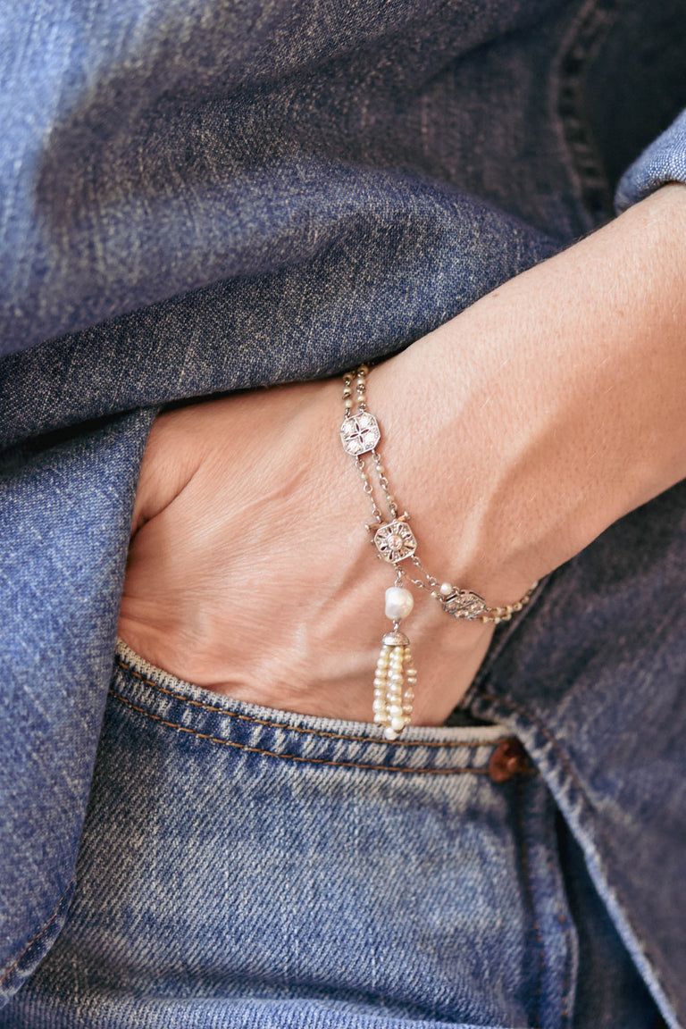 Art Deco Diamond & Pearl Tassel Antique Bracelet Circa 1920 on a model