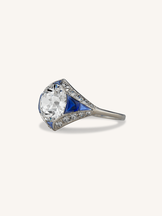 Art Deco Old European Cut Diamond & Calibré Sapphire Antique Engagement Ring, France