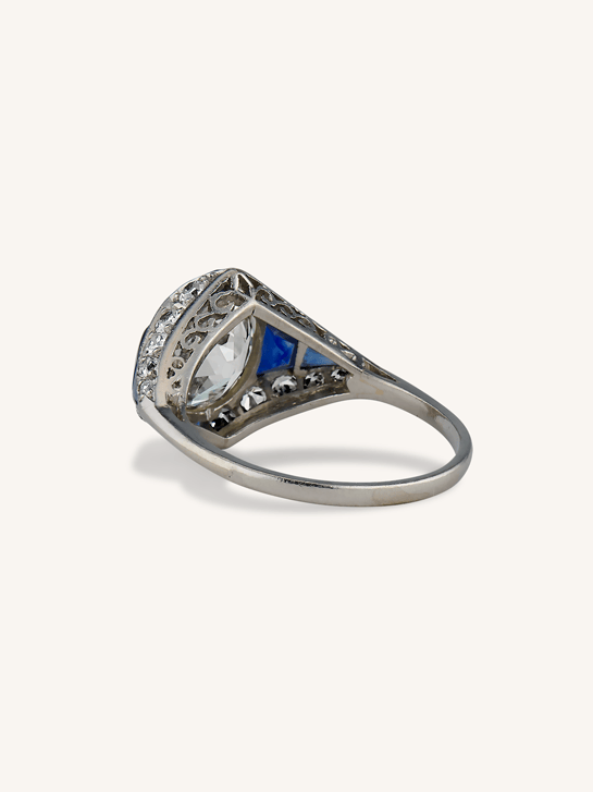 Art Deco Old European Cut Diamond & Calibré Sapphire Antique Engagement Ring, France