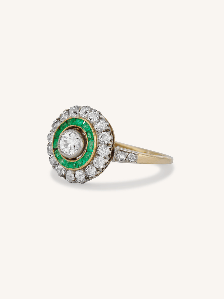 Art Deco Old European Cut Diamond & Emerald Target Engagement Ring