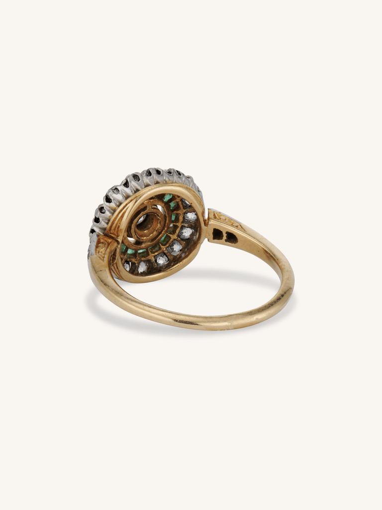 Art Deco Old European Cut Diamond & Emerald Target Engagement Ring