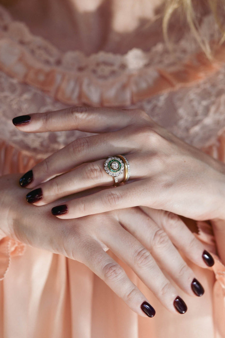 Art Deco Old European Cut Diamond & Emerald Target Engagement Ring