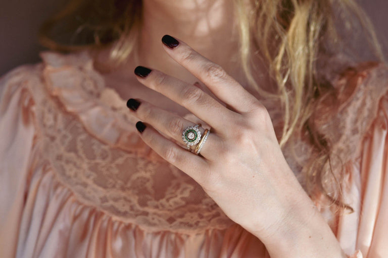 Art Deco Old European Cut Diamond & Emerald Target Engagement Ring
