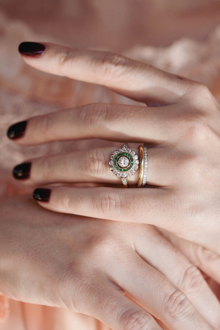 Art Deco Old European Cut Diamond & Emerald Target Engagement Ring