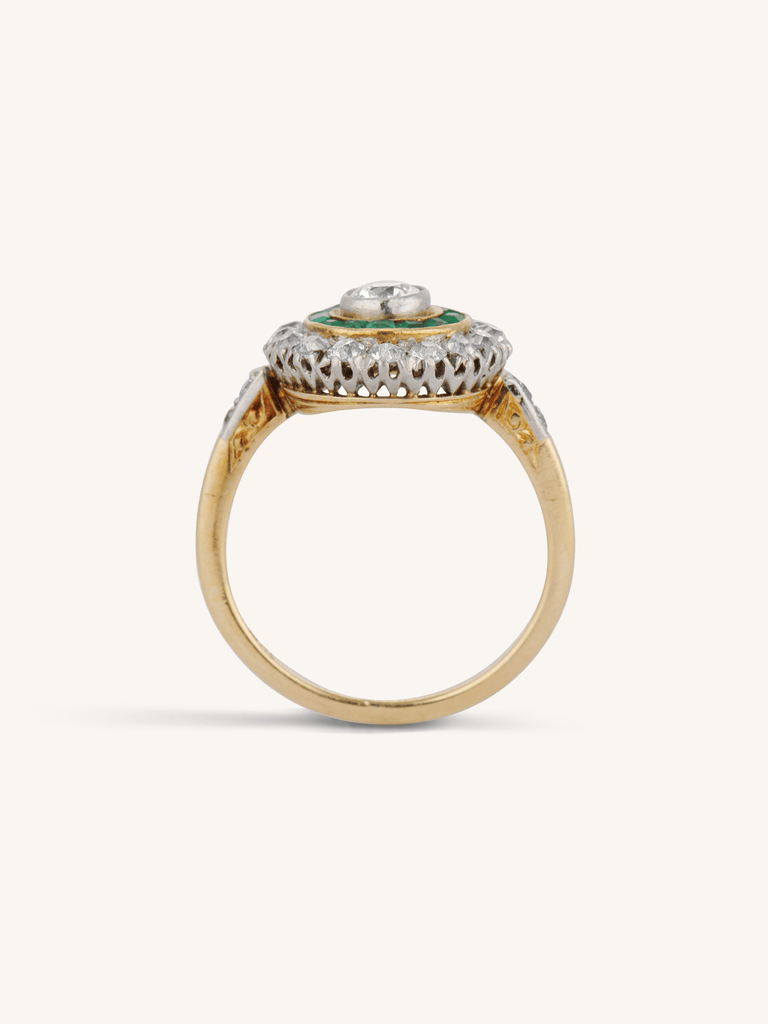Art Deco Old European Cut Diamond & Emerald Target Engagement Ring
