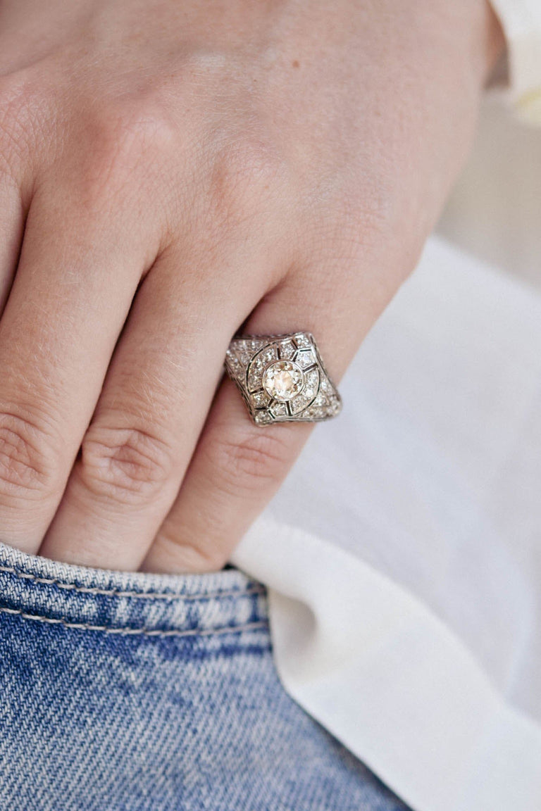 Art Deco Old European Cut Diamond Shield-Shaped Vintage Engagement Ring