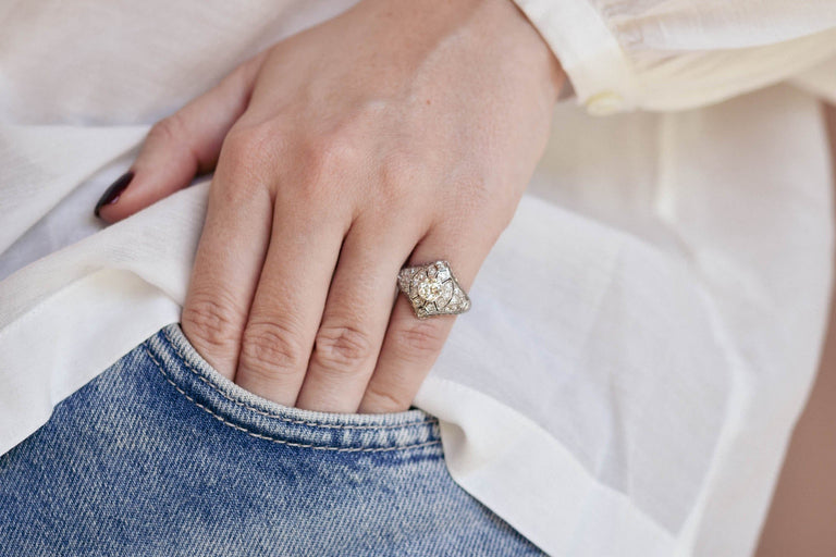 Art Deco Old European Cut Diamond Shield-Shaped Vintage Engagement Ring