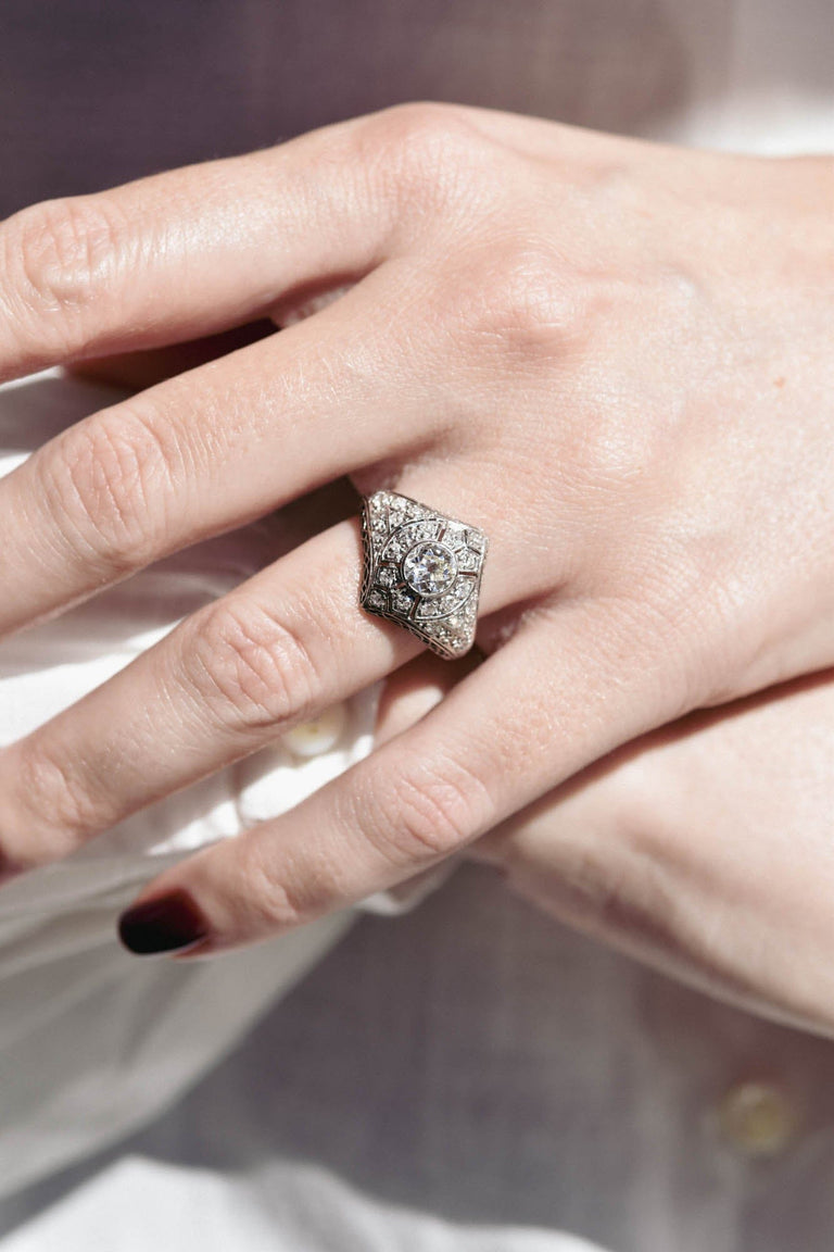 Art Deco Old European Cut Diamond Shield-Shaped Vintage Engagement Ring