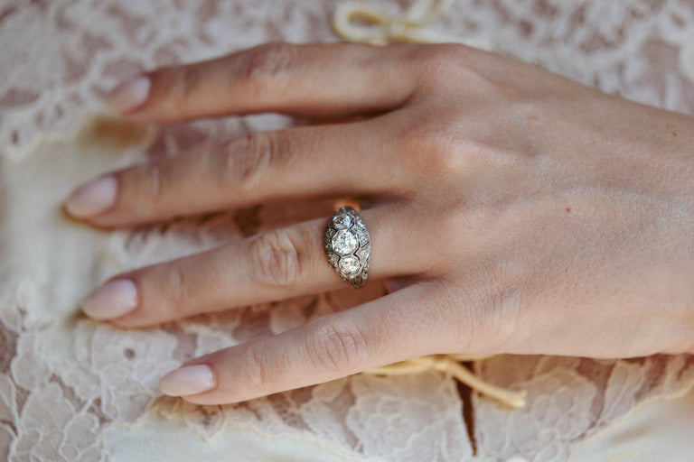 Art Deco Old European Cut Diamond Three Stone Platinum Vintage Engagement Ring