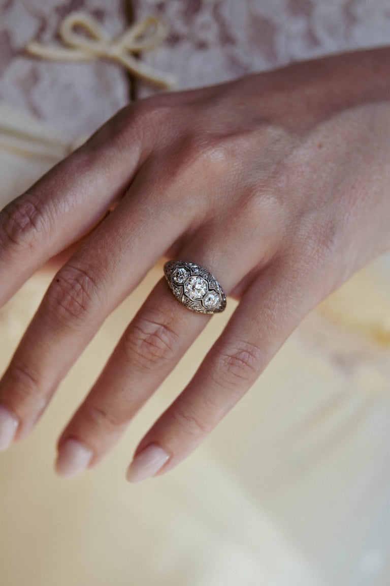 Art Deco Old European Cut Diamond Three Stone Platinum Vintage Engagement Ring