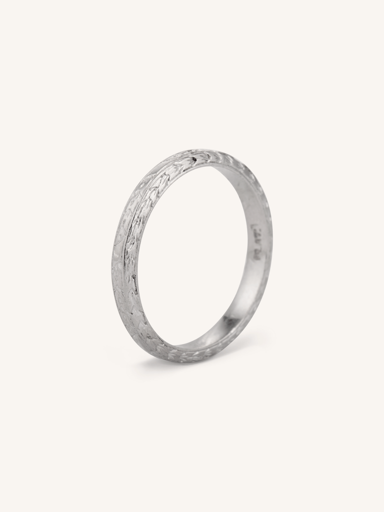 Art Deco Platinum Foliate & Geometric Engraved Vintage Band - Size 5.25 3/4