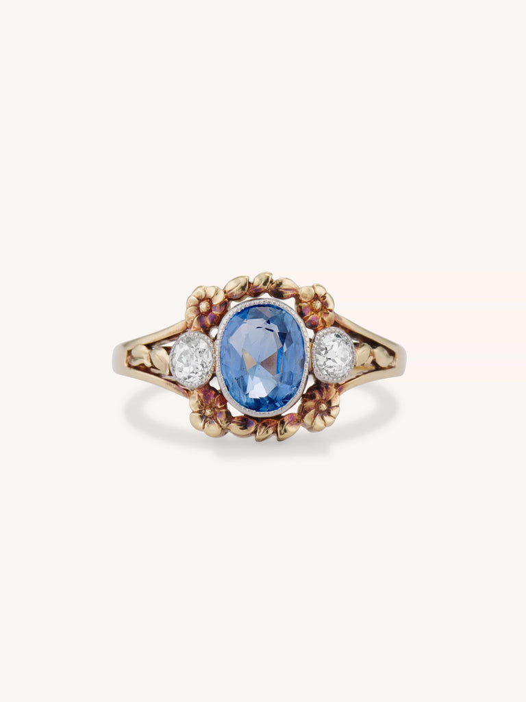 Art Nouveau Sapphire & Old Mine Diamond Floral 18k Gold Antique Ring