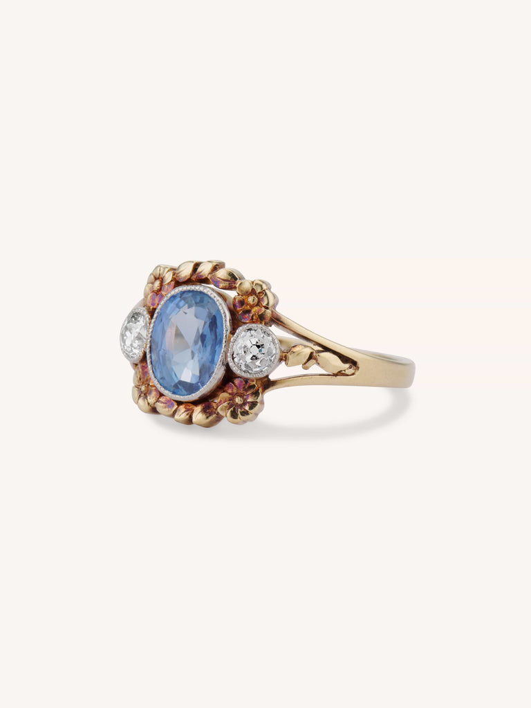 Art Nouveau Sapphire & Old Mine Diamond Floral 18k Gold Antique Ring - 3/4