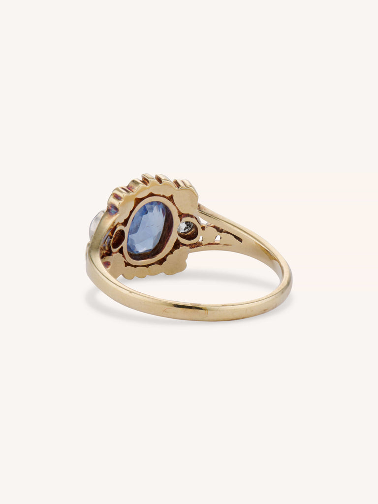 Art Nouveau Sapphire & Old Mine Diamond Floral 18k Gold Antique Ring - back