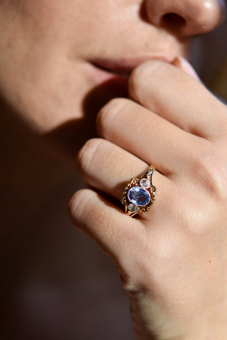 Art Nouveau Sapphire & Old Mine Diamond Floral 18k Gold Antique Ring - on a model