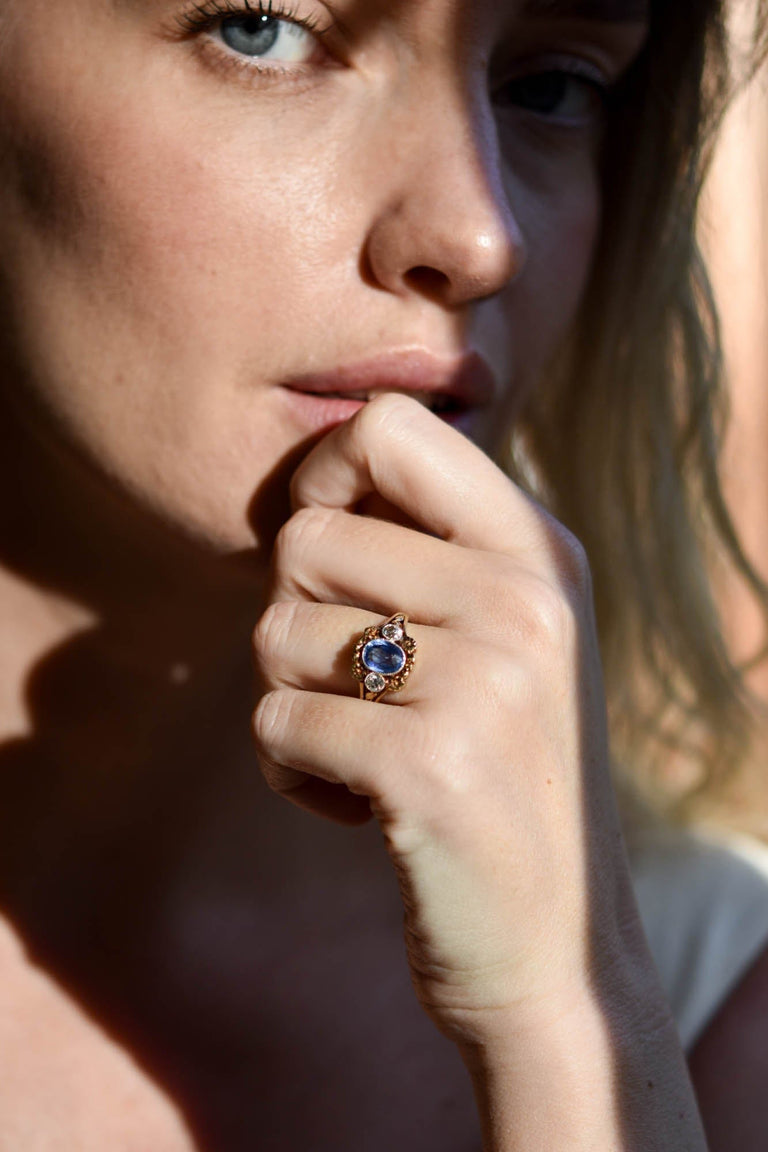 Art Nouveau Sapphire & Old Mine Diamond Floral 18k Gold Antique Ring - on a model