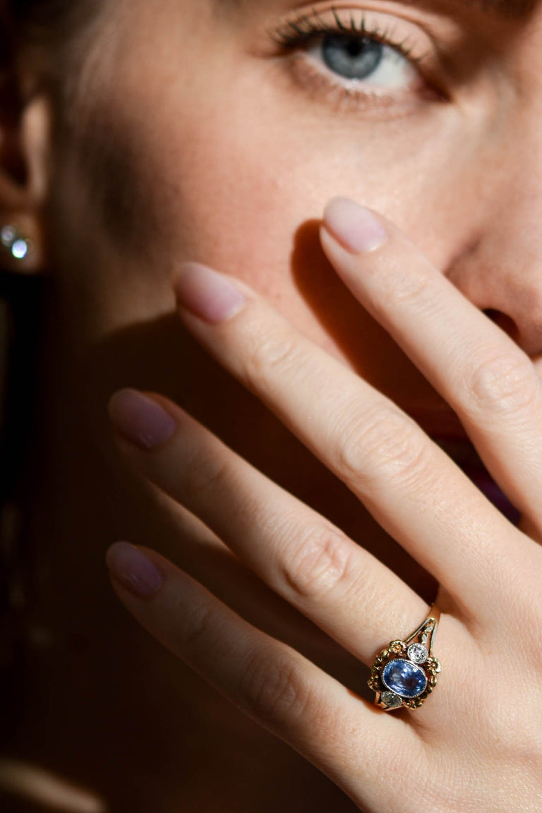 Art Nouveau Sapphire & Old Mine Diamond Floral 18k Gold Antique Ring - on a model 3