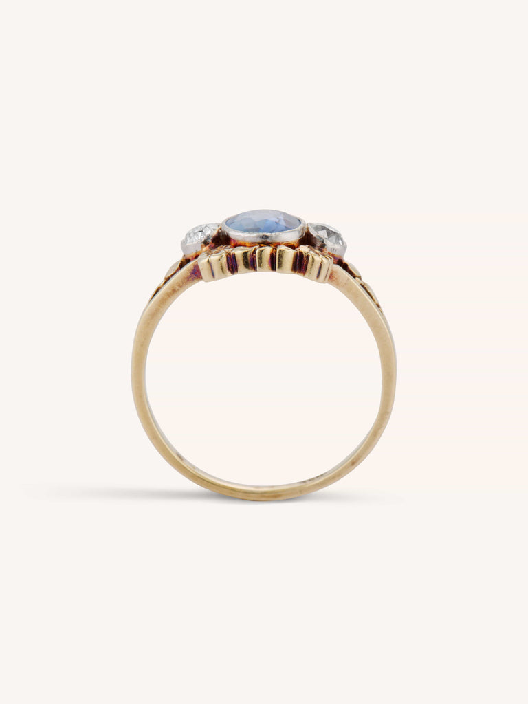 Art Nouveau Sapphire & Old Mine Diamond Floral 18k Gold Antique Ring - side