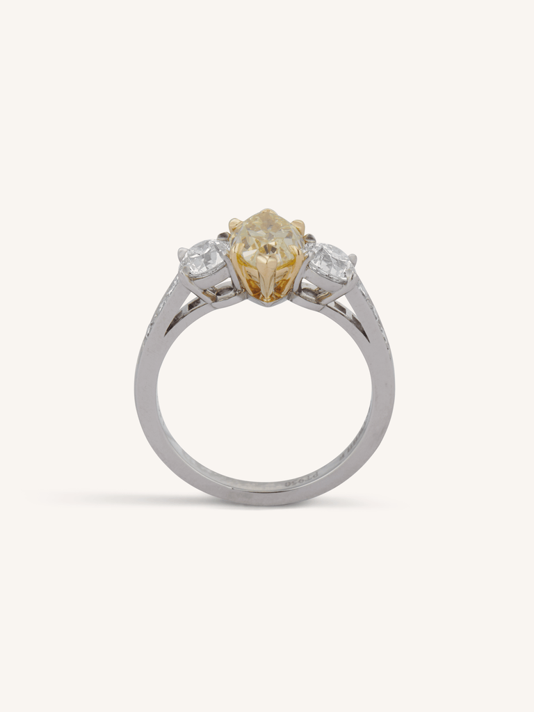 Aurelia ring with 1.56ct Fancy Intense Yellow oval diamond and old European cut side stones in platinum - profile