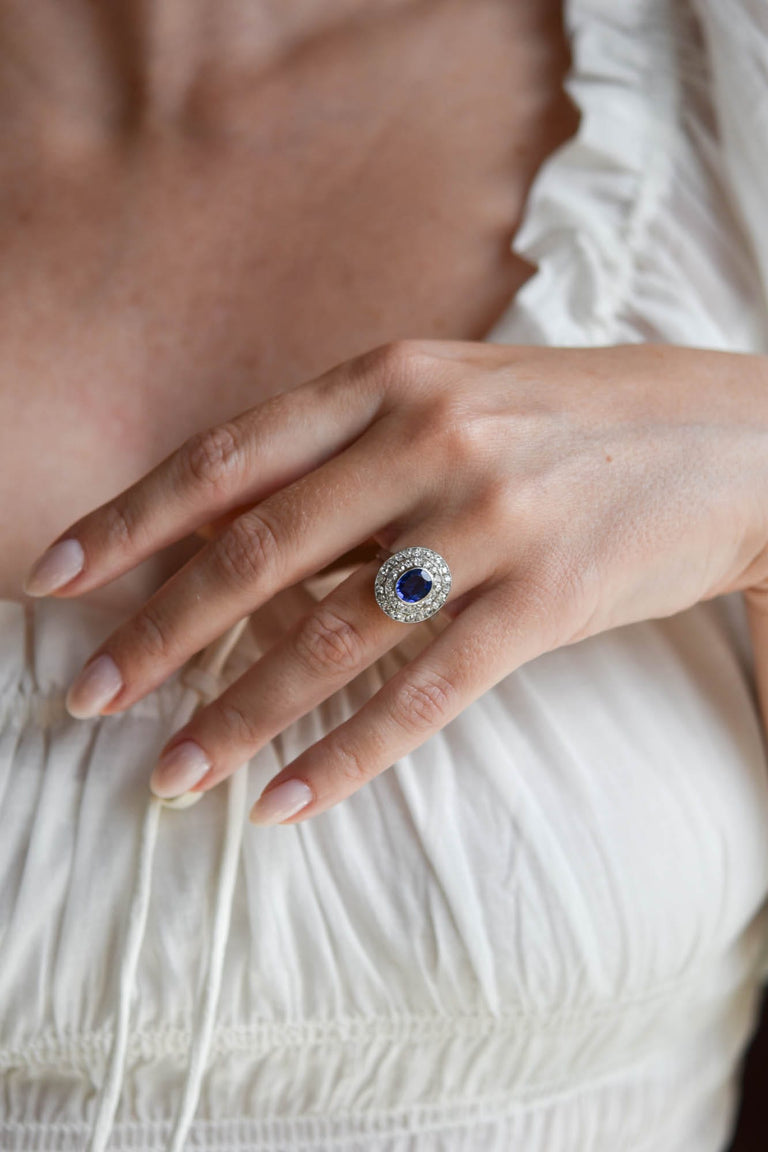 Belle Époque 1.25 Carat Oval Cut Sapphire & Diamond Cluster