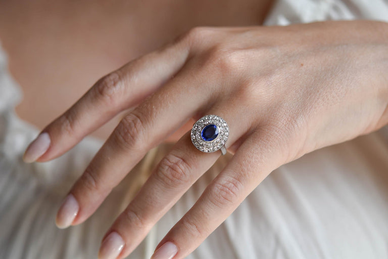 Belle Époque 1.25 Carat Oval Cut Sapphire & Diamond Cluster