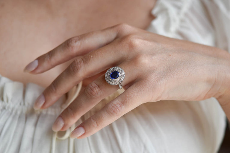 Belle Époque 1.25 Carat Oval Cut Sapphire & Diamond Cluster