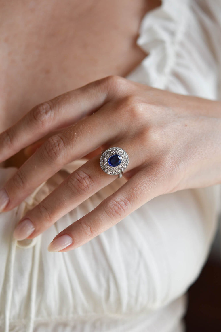 Belle Époque 1.25 Carat Oval Cut Sapphire & Diamond Cluster