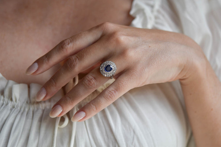 Belle Époque 1.25 Carat Oval Cut Sapphire & Diamond Cluster