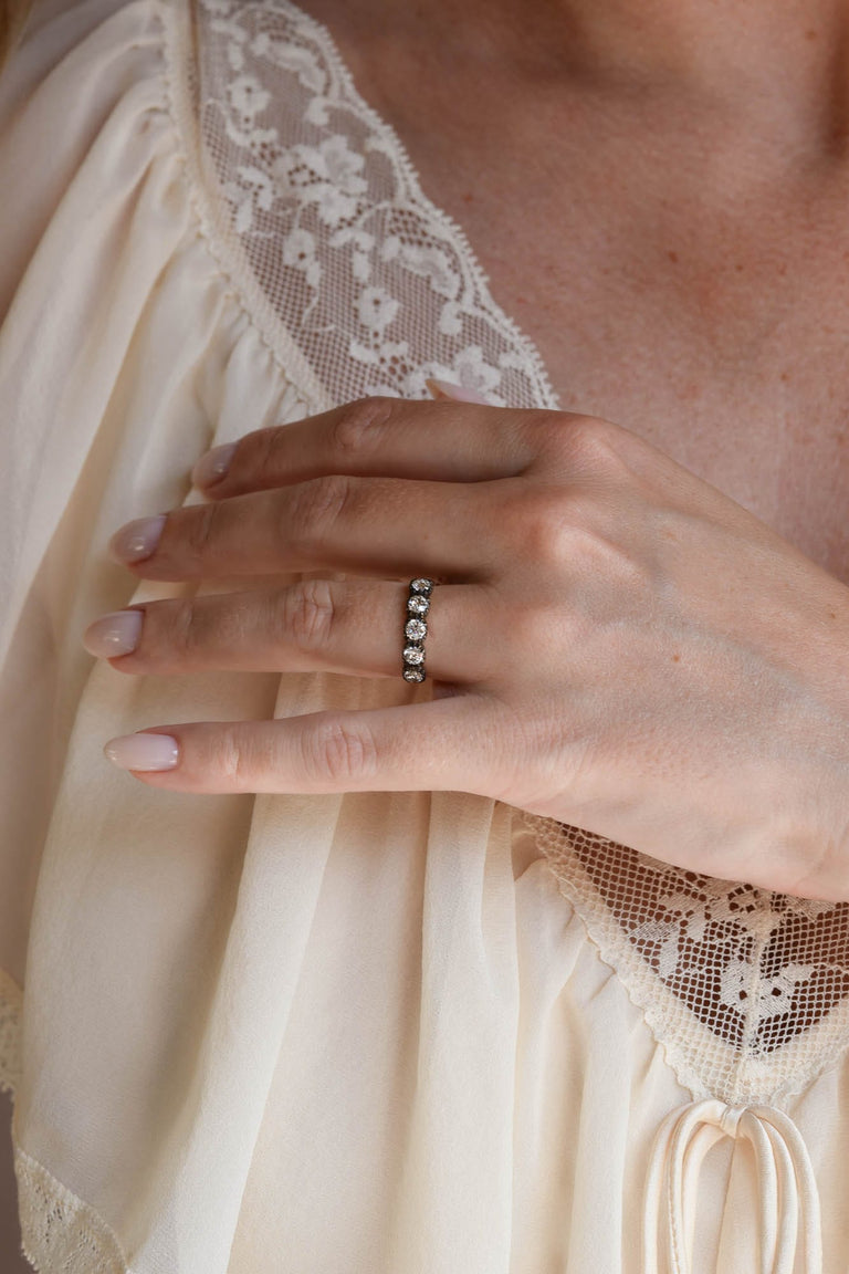 Blackened Collet .84 Old European Diamond Five Stone Band in 18k Yellow Gold & Blackened Silver