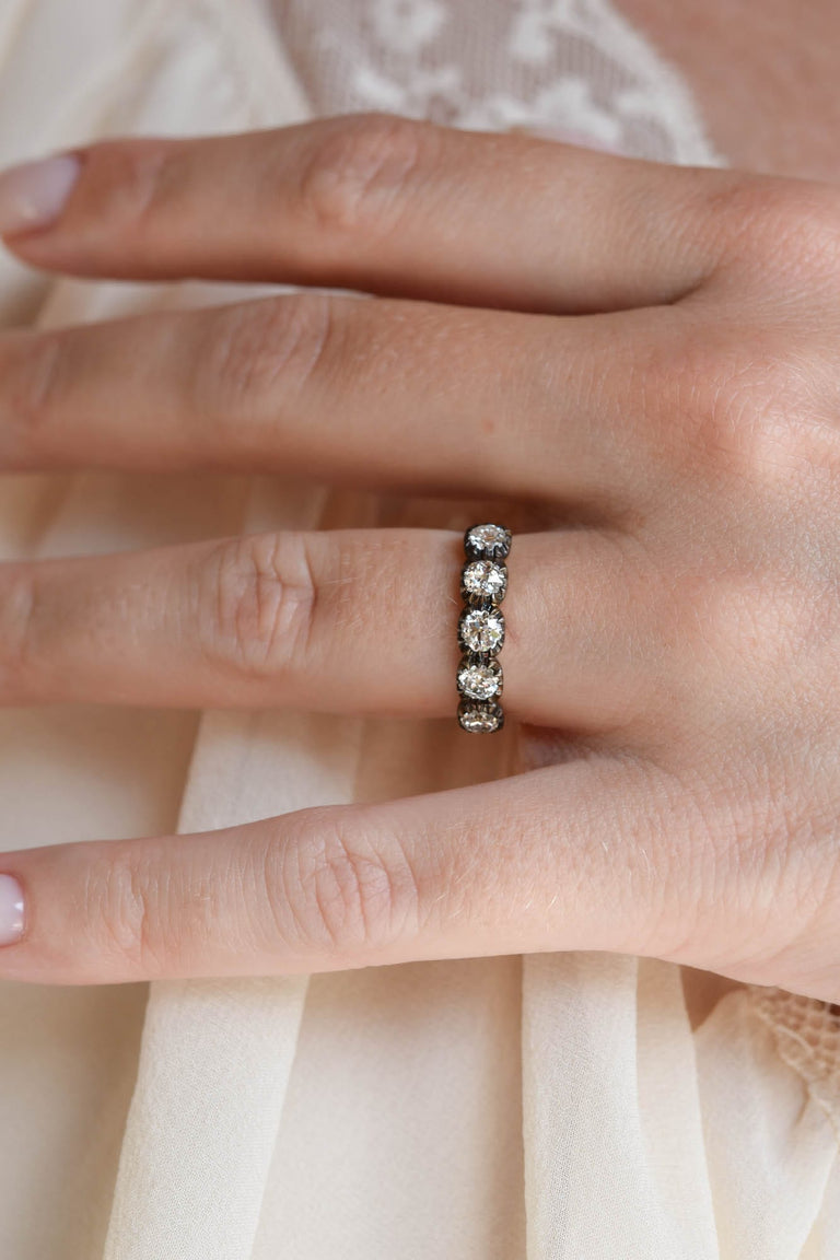 Blackened Collet .84 Old European Diamond Five Stone Band in 18k Yellow Gold & Blackened Silver