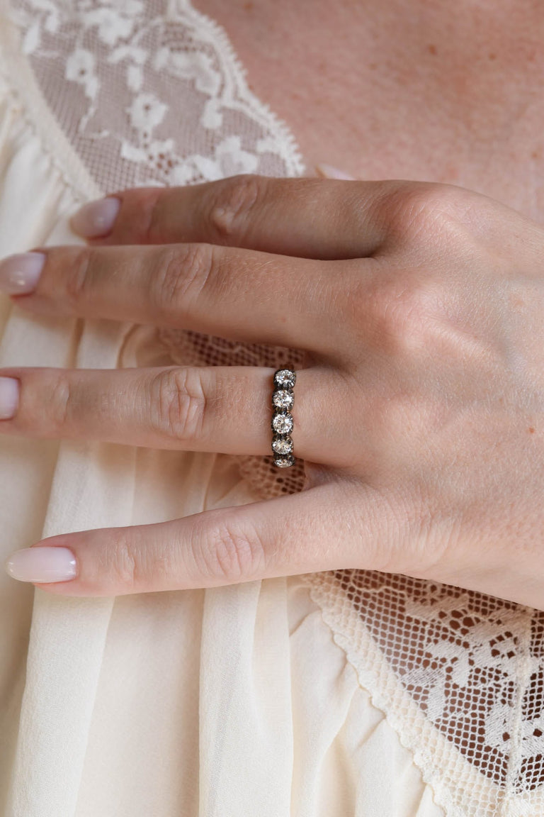 Blackened Collet .84 Old European Diamond Five Stone Band in 18k Yellow Gold & Blackened Silver