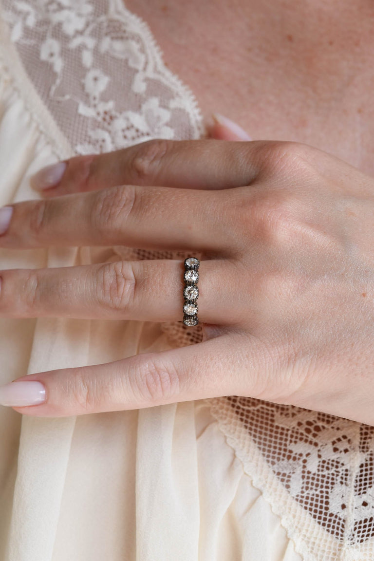 Blackened Collet .84 Old European Diamond Five Stone Band in 18k Yellow Gold & Blackened Silver
