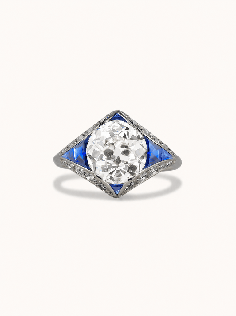 French Art Deco 3.00 Carat Old European Cut Diamond & Sapphire Vintage Engagement Ring