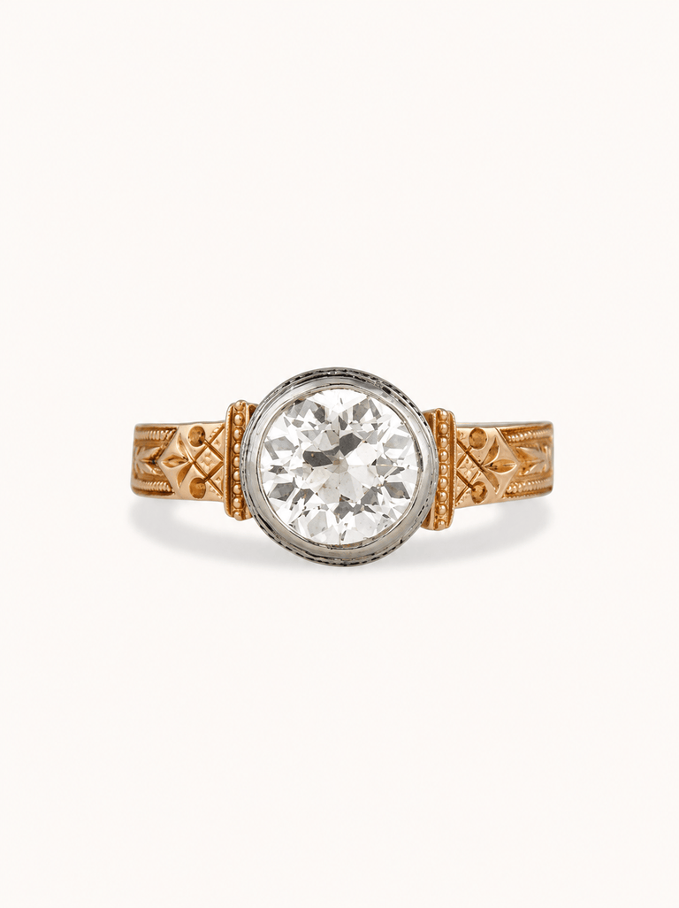 Victorian 1.49 Carat Old European Cut Diamond Two-Tone Bezel Set Engraved 14k Yellow Gold Antique Engagement Ring