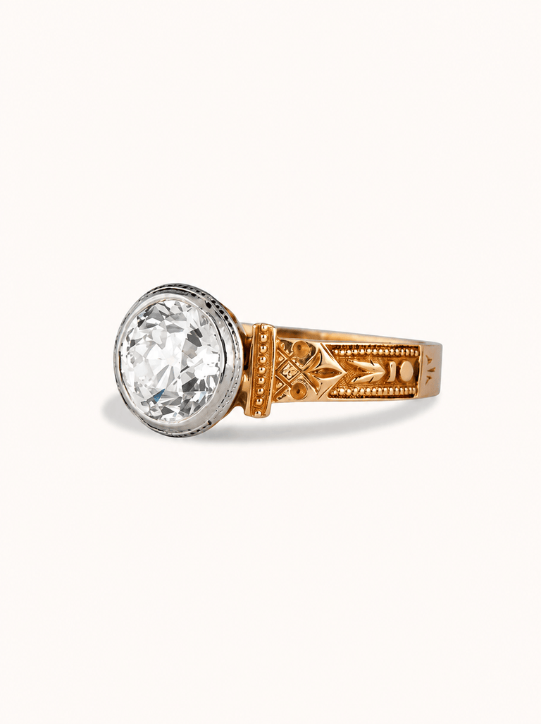 Victorian 1.49 Carat Old European Cut Diamond Two-Tone Bezel Set Engraved 14k Yellow Gold Antique Engagement Ring