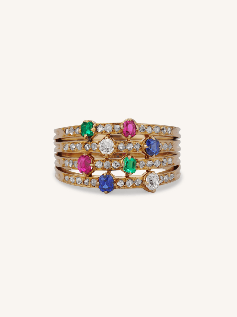 Early Victorian French harem ring with multi-gemstone and diamond bands, c. 1838–1847