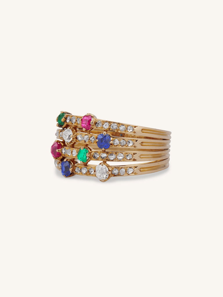 Early Victorian French harem ring with multi-gemstone and diamond bands, c. 1838–1847