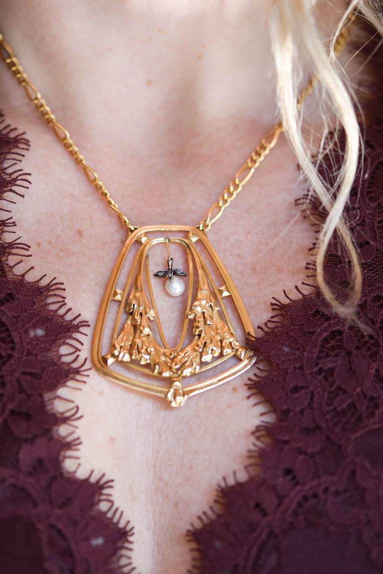 Edgar Brandt French Art Nouveau gold and pearl necklace on model, circa 1900