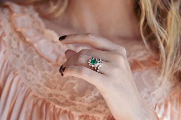 Edwardian 1.45 Carat Colombian Emerald & Diamond Cluster Antique Engagement Ring