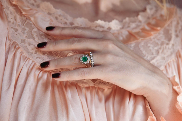 Edwardian 1.45 Carat Colombian Emerald & Diamond Cluster Antique Engagement Ring