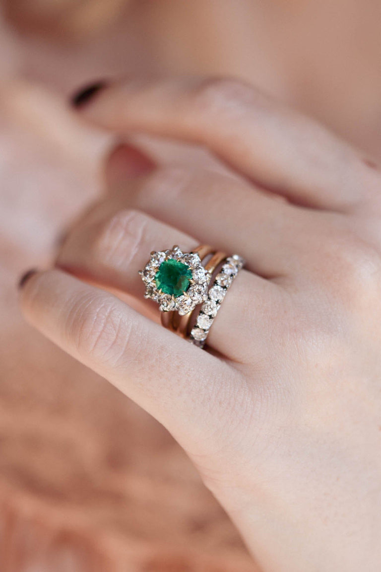 Edwardian 1.45 Carat Colombian Emerald & Diamond Cluster Antique Engagement Ring